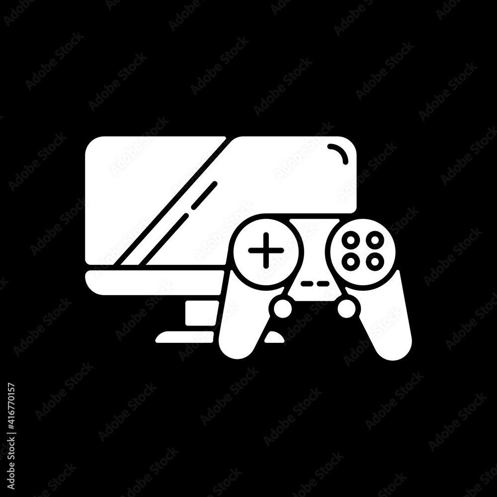 Video games and consoles dark mode glyph icon. Computer, game controller and monitor. Fun and leisure. Online store category. White silhouette symbol on black space. Vector isolated illustration Video games and consoles dark mode glyph icon. Computer, game controller and monitor. Fun and leisure. Online store category. White silhouette symbol on black space. Vector isolated illustration