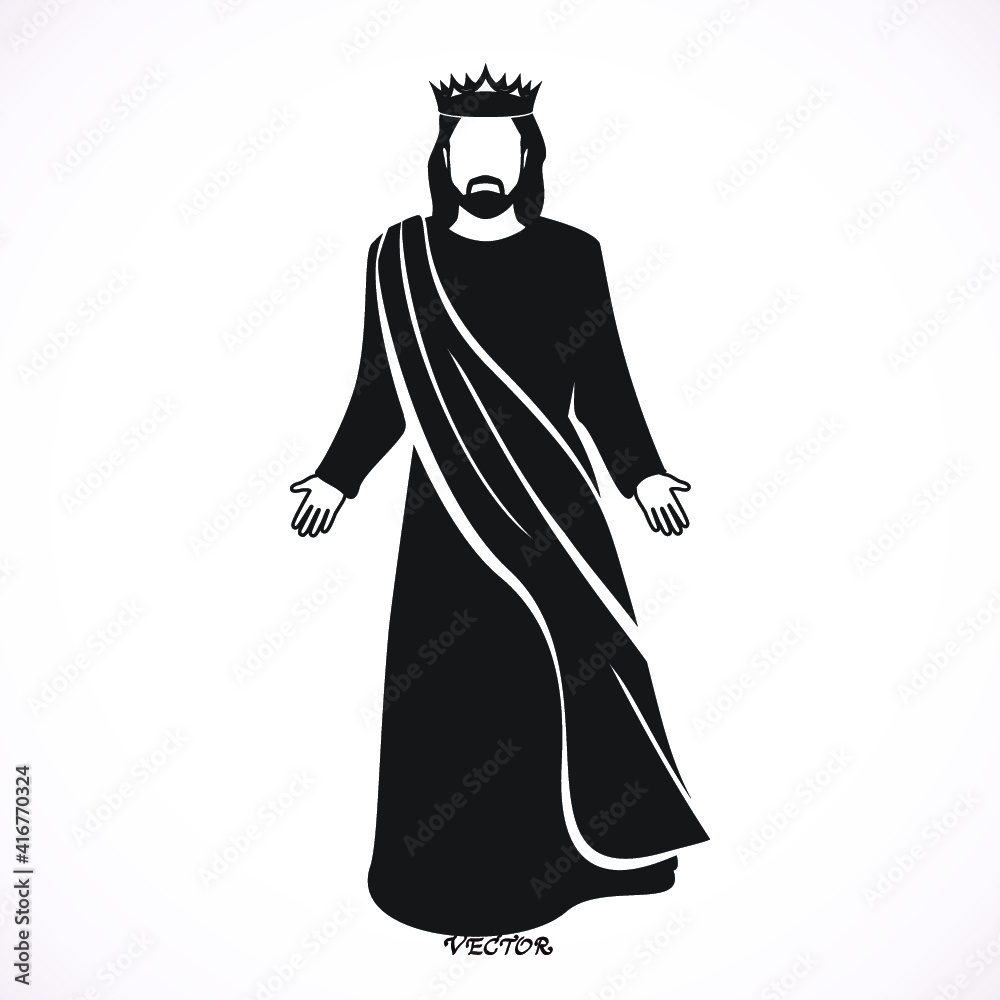 Majestic king in  crown standing, fairytale or medieval character, black vector Illustration