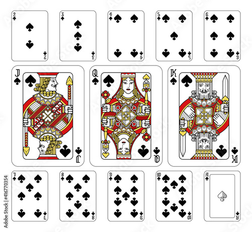 Playing cards spades set in red, yellow and black from a new modern original complete full deck design. Standard poker size.