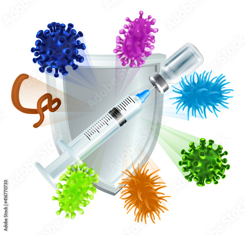 An injection syringe and vial with shield deflecting virus or bacteria cells medical health concept, possibly for a vaccine or other medicine