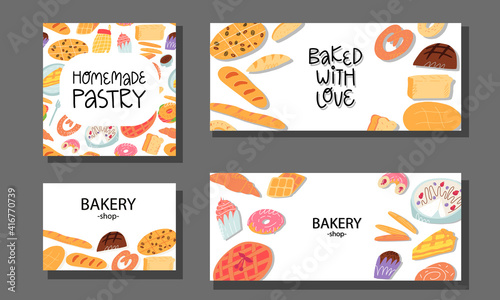 Bakery calling card, banner templates set. Traditional Italian,Belgian, German, Spanish sweet pastry and bread, desserts
