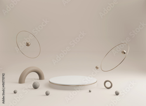 Abstract minimal scene with geometrical forms. Empty cylinder podium on minimal background. Design for product presentation. 3D rendering.