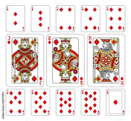 Playing cards diamonds set in red, yellow and black from a new modern original complete full deck design. Standard poker size.