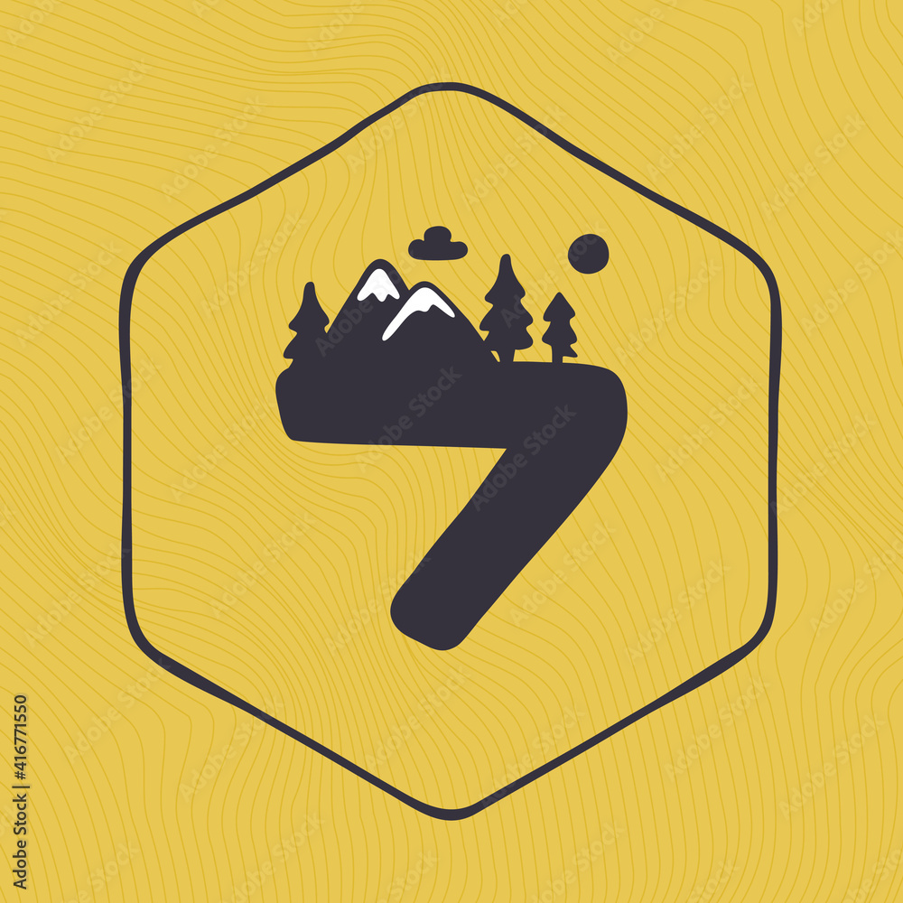Number seven logo with mountains peaks and trees on a landscape line pattern. Number seven logo with mountains peaks and trees on a landscape line pattern.