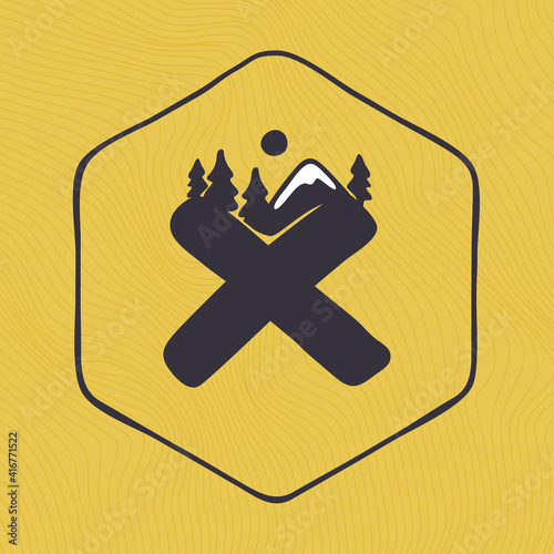 X letter logo with mountains peaks and trees on a landscape line pattern.