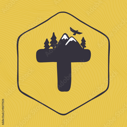 T letter logo with mountains peaks and trees on a landscape line pattern.