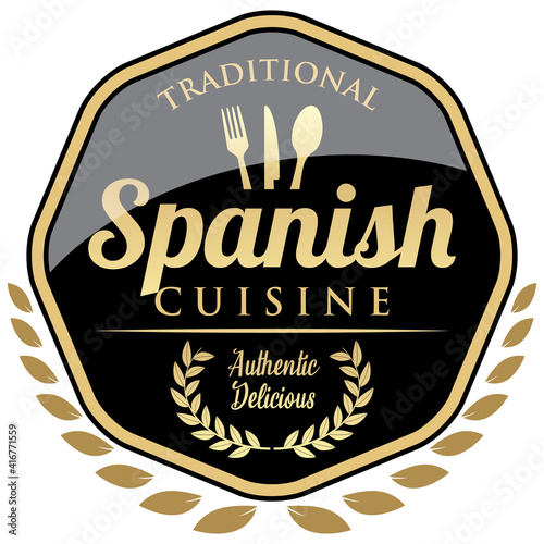 Spanish Cuisine. Vector Black Badge With Golden Wreath.