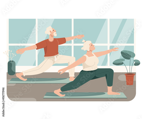 Happy active elderly couple do yoga on yoga class. Healthy lifestyle and sports activities for grandparents. Flat cartoon vector illustration isolated on white background.