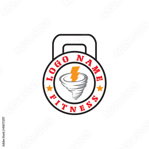 gym logo design with rubber kettle bell and thunderstorm vector template