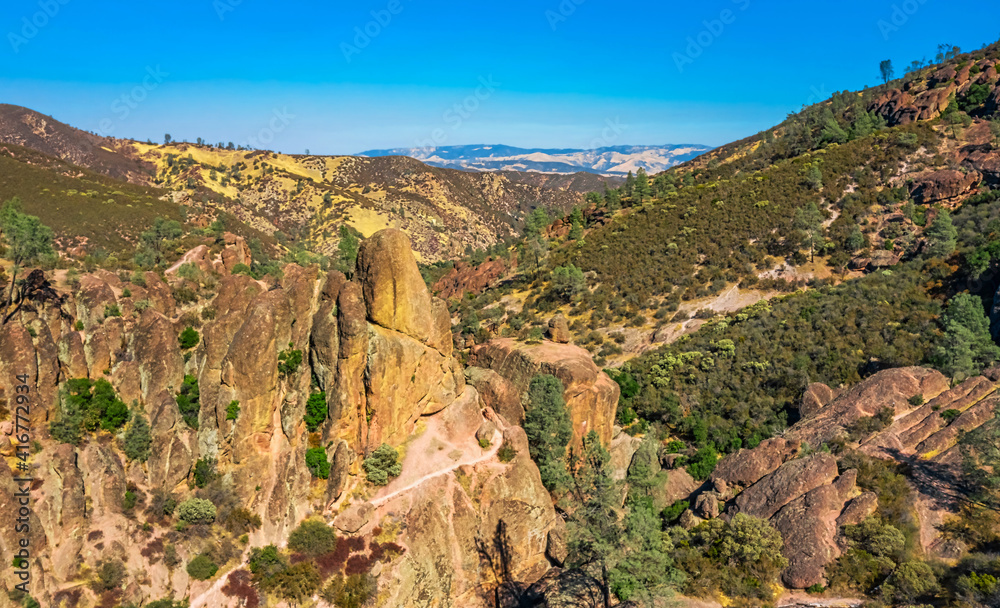Aerial view of rock formations in Pinnacles National Park in California, ruined remains of an extinct volcano on the San Andreas Fault. Beautiful landscapes