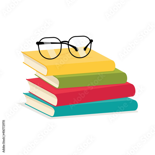 Glasses are placed on a stack of colorful books, isolated on a white background. "Back to School" concept. Education, textbooks. Cartoon style. Vector illustration