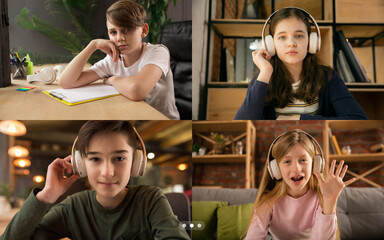 Composed. Group of kids, class studying by group video call, use video conference with each other. PC screen view with application ad. Easy, comfortable usage concept, education, online, childhood.