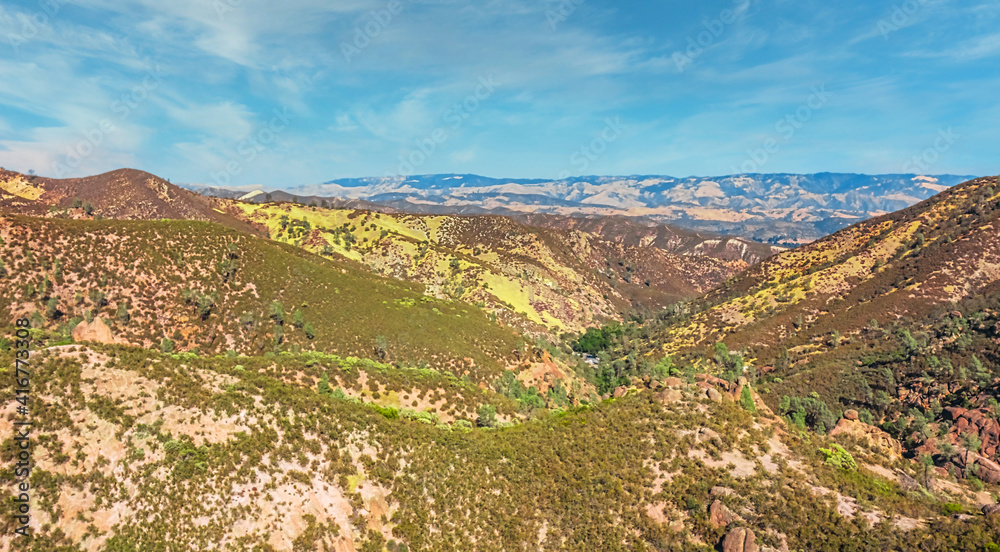 Aerial view of rock formations in Pinnacles National Park in California, ruined remains of an extinct volcano on the San Andreas Fault. Beautiful landscapes