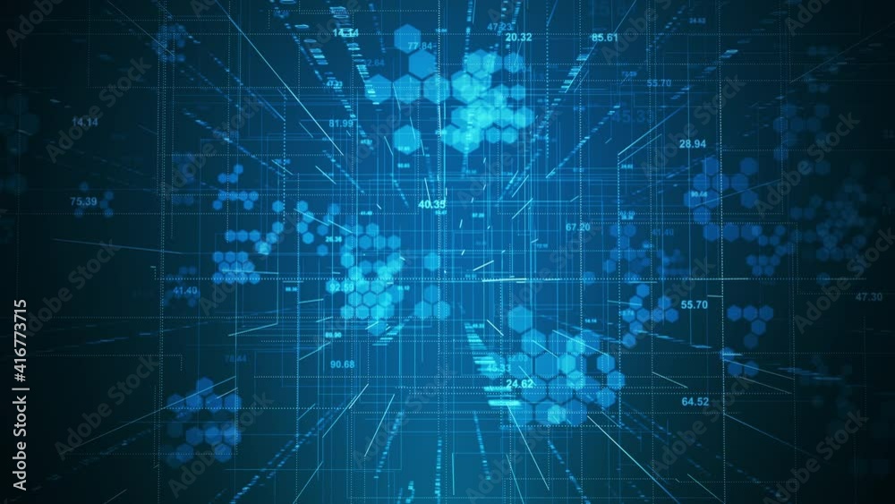 Digital network technology futuristic theme animation concept. Abstract hexagon grid perspective motion graphic seamless looping background.