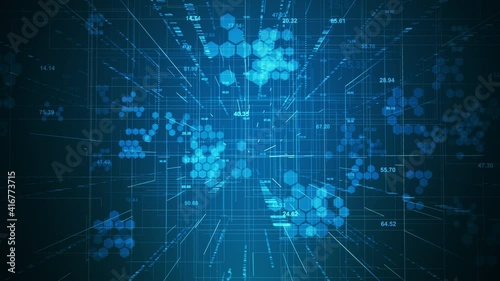 Digital network technology futuristic theme animation concept. Abstract hexagon grid perspective motion graphic seamless looping background.