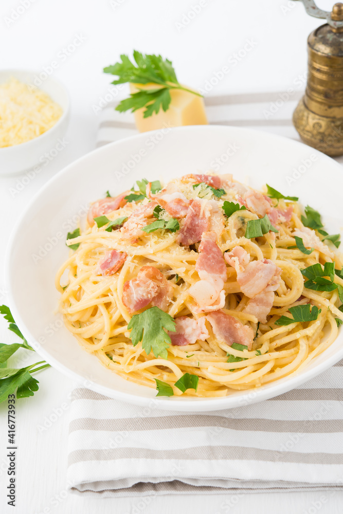Spaghetti carbonara with bacon-traditional Italian dish