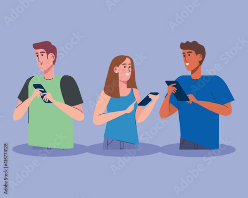 interracial three persons using technology vector illustration design