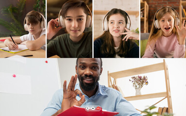 Group of kids, class studying by group video call, use video conference with each other and teacher. PC screen view with application ad. Easy, comfortable usage concept, education, online, childhood.
