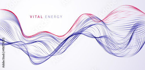 Sound wave, particles flow, effect in motion. dynamic vector abstract background. 3d shape dots blended mesh, future technology relaxing wallpaper.