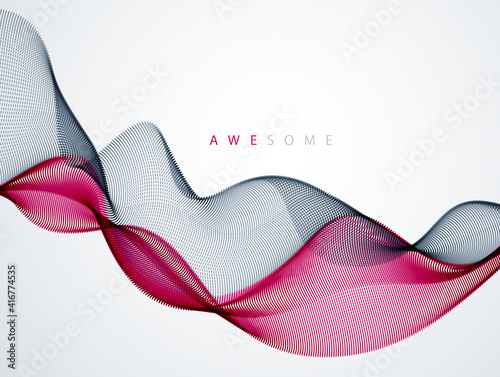 Dynamic particles sound wave flowing. Dotted curves vector abstract background. Beautiful 3d wave shaped array of blended points.