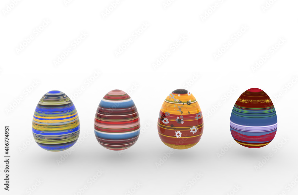 Colorful Easter eggs in 3D realistic, shiny, golden,  Easter eggs on white background