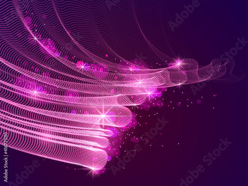 3d magic particles mesh array over dark, sound wave flowing, transparent tulle textile on wind. Round points vector effect illustration. Blended mesh, calming relaxing wallpaper.