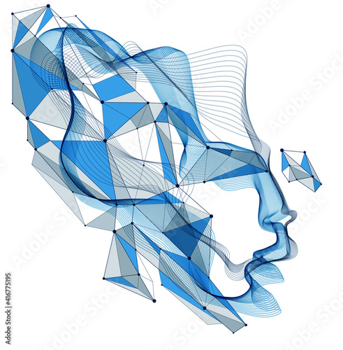 Technological time Spirit vector visualization in shape of human head made of dotted particles array flow in curve shapes, vector futuristic illustration.