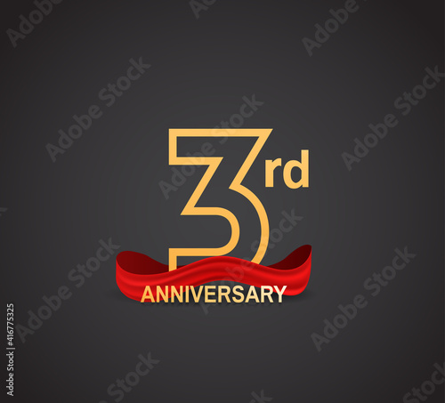 3 anniversary logotype design with line golden color and red ribbon isolated on dark background can be use for celebration, greeting card and special moment event