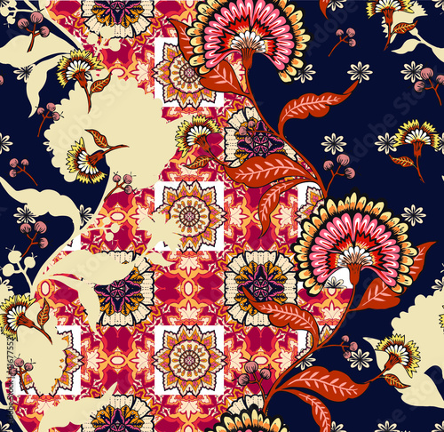 patchwork floral pattern with indian flower motifs. damask style pattern for textil and decoration