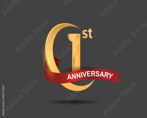 1 anniversary design logotype golden color with ring and red ribbon for celebration, greeting card, invitation and special event