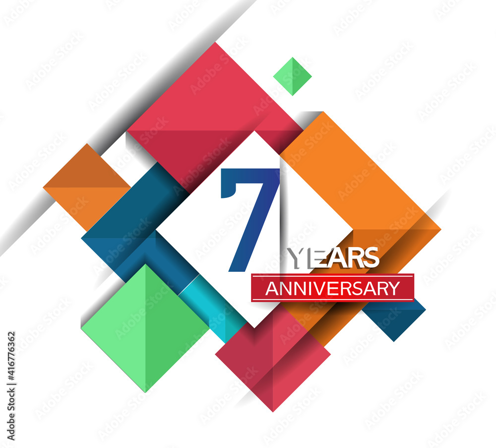 7 years anniversary design colorful square style isolated on white background can be use for invitation, party, and celebration event 7 years anniversary design colorful square style isolated on white background can be use for invitation, party, and celebration event