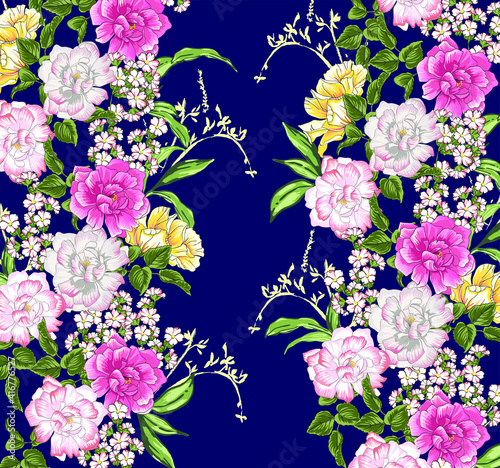 floral pattern with roses, flowers and leaves in side borders, design for textiles and decoration with vintage floral style