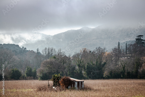 misty landscape in Viviers Ardèche department in the Auvergne-Rhône-Alpes region