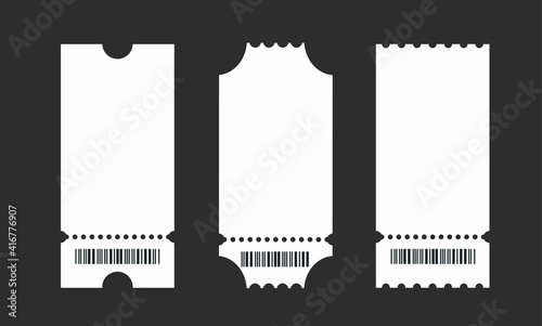 Set of empty ticket templates isolated on black background. Blank tickets mockup for entrance to the concert or show. Vector illustration