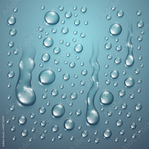 Water drops in shower or pool, condensate or rain droplets realistic transparent vector illustration, easy to put over any background or use droplets separately.
