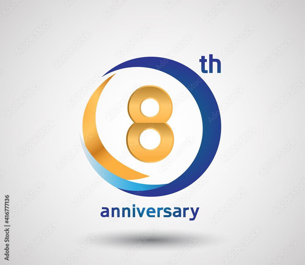 8 anniversary design with blue and golden circle isolated on white background can be use for invitation and special celebration moment