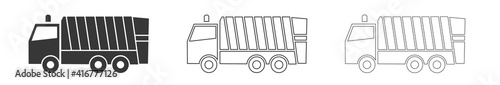 Garbage truck icon in filled, stroke and thin line