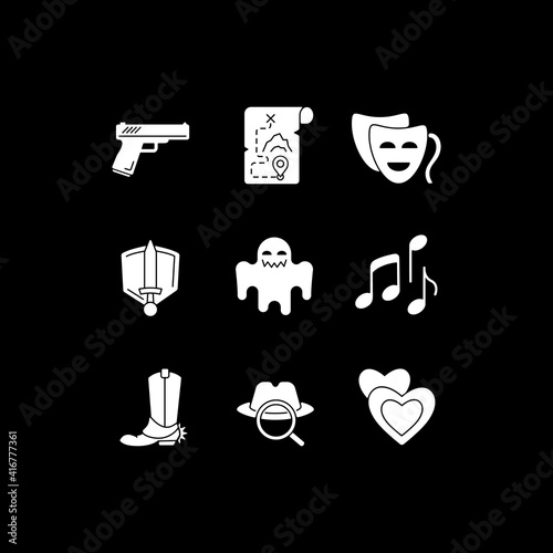 Movie genres white glyph icons set for dark mode. Cinematography, filmmaking and cinema business. Television entertainment. Silhouette symbols on black background. Vector isolated illustration bundle