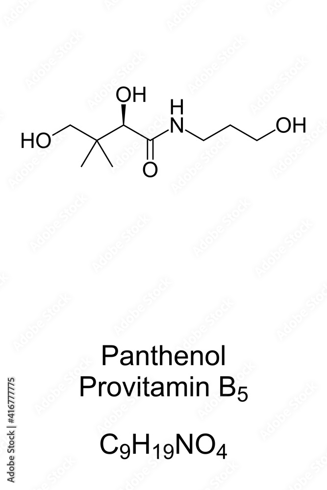 Ταπετσαρία Panthenol, provitamin B5, chemical formula, skeletal structure