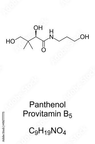 Panthenol, provitamin B5, chemical formula, skeletal structure. Also called pantothenol, used as moisturizer and to improve wound healing in pharmaceutical and cosmetic products. Illustration. Vector.