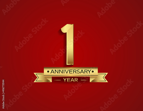 1 year anniversary golden design color with ribbon with red background can be use for template, party and special celebration moment