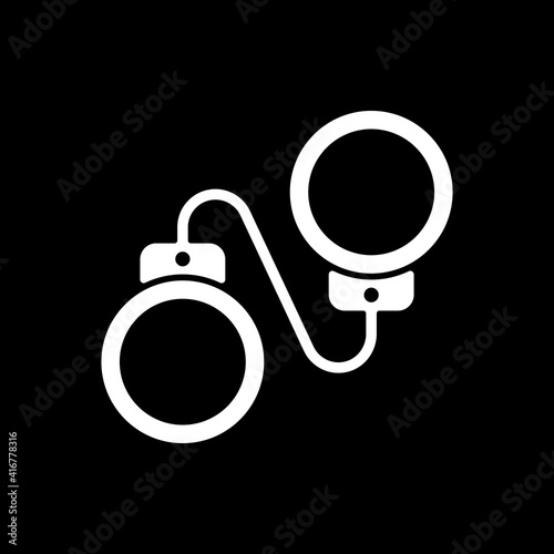 Criminal drama dark mode glyph icon. Popular movie genre, cinema category. Hand cuffs. Television entertainment category. White silhouette symbol on black space. Vector isolated illustration