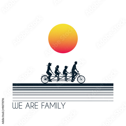 Family on bike. Parents with children silhouettes. Cyclists on bicycle