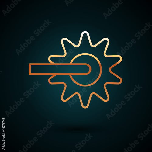 Gold line Cowboy horse riding spur for boot icon isolated on dark blue background. Vector.