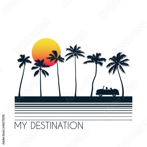 Car on palm beach. Woman with dog travel. Road trip. Summer vacation