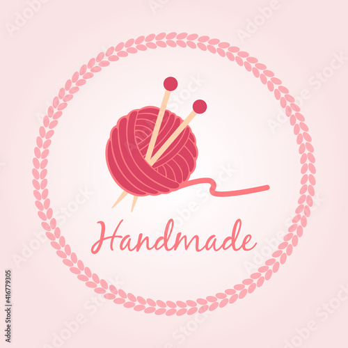 Knitting logo elements. Hand made, needlework, yarn and threads. Knitting studio, workshop advertising design.