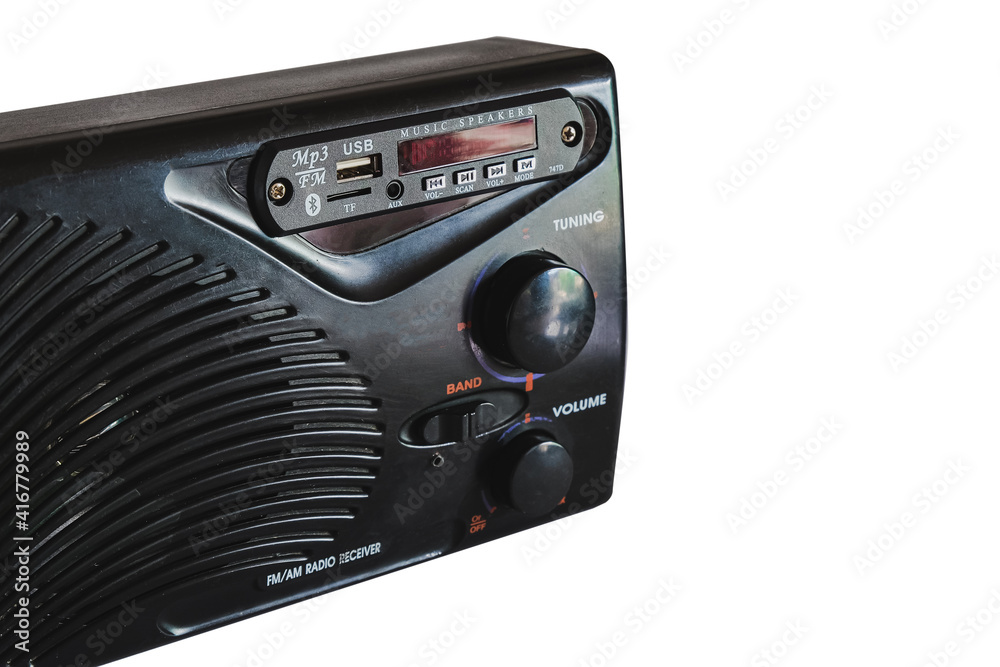 Fototapeta premium Diy mp3 player to old FM radio receiver on white background.