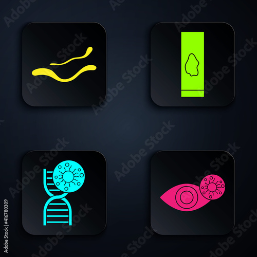 Set Reddish eye due to virus, Ebola virus disease, DNA symbol and virus and Blood test and virus. Black square button. Vector.