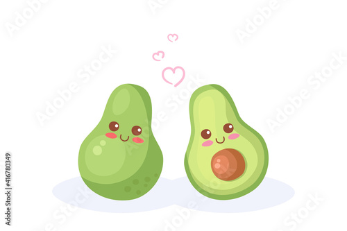 Cute vector avocado illustration: whole, sliced. Kawaii cartoon healthy vegetarian, vegan food characters. Smiling comic kids menu, print, wrapping paper. Mexican recipe. Isolated on white background.