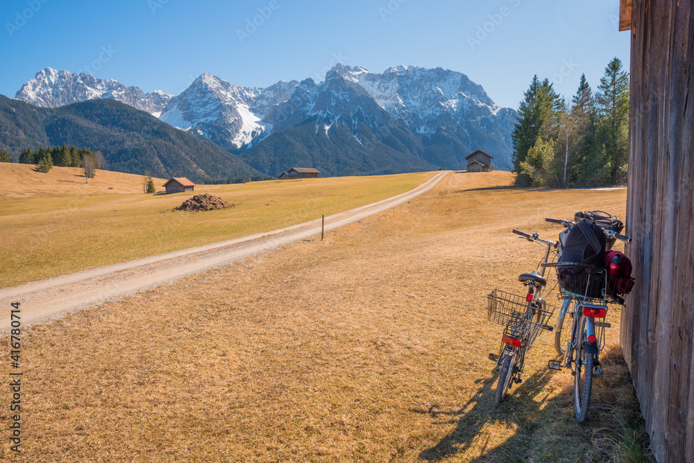 bike trip in march, Buckelwiesen landscape with mountain view karwendel alps